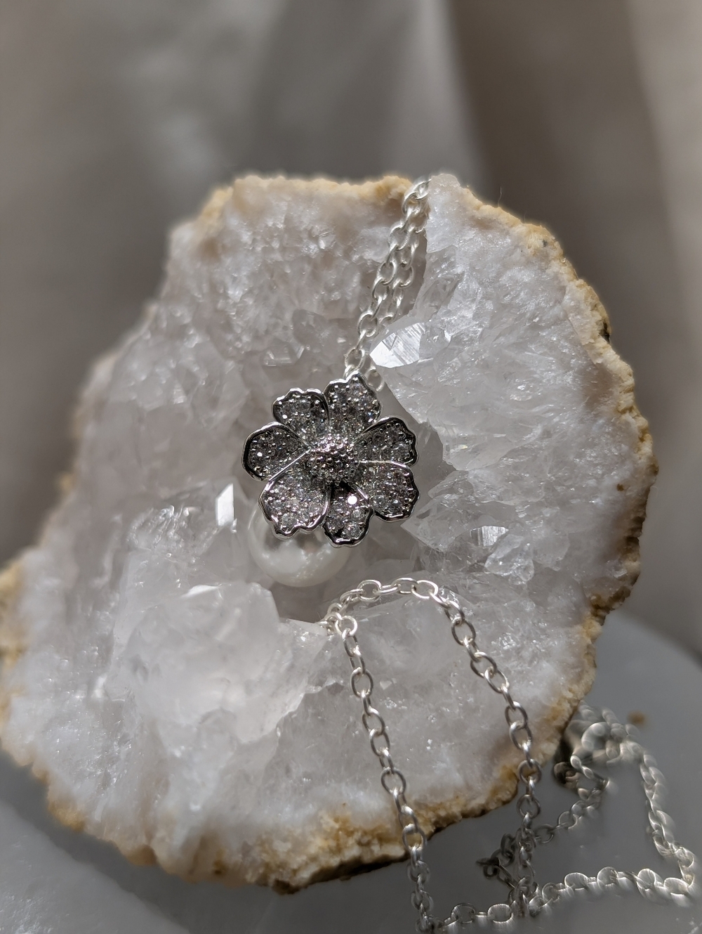 Silver Crystal Flower Necklace Pearl Drop Pendant Elegant Bridal Style Jewelry